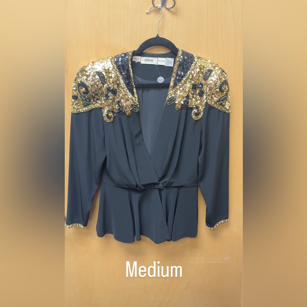 Vintage Black Blazer with Gold Sequin Embellishments